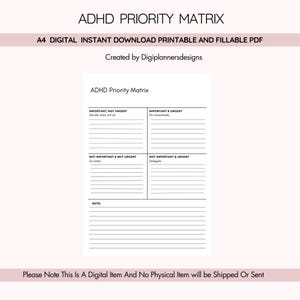 Op de afbeelding: Een digitale, afdrukbare ADHD-prioriteitenmatrix in PDF-formaat. Het witte document bevat een raster met secties voor belangrijke/dringende taken en niet-belangrijke/niet-dringende taken. De tekst bevat "ADHD Priority Matrix" en "A4 Digital Instant Download".