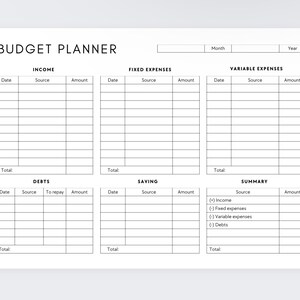 May include: A printable budget planner worksheet with sections for income, fixed expenses, variable expenses, debts, savings, and a summary. The worksheet includes columns for date, source, amount, and total.