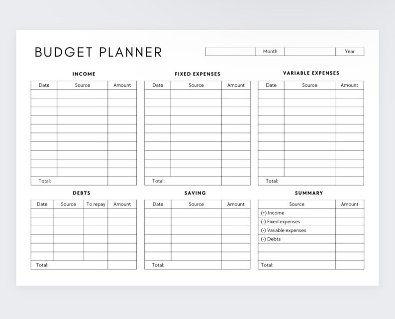 May include: A printable budget planner worksheet with sections for income, fixed expenses, variable expenses, debts, savings, and a summary. The worksheet includes columns for date, source, amount, and total.