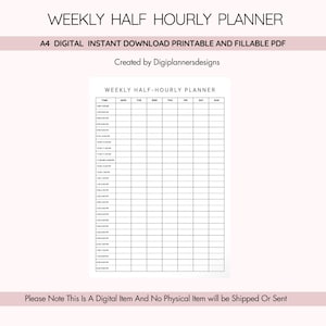 Weekly Half Hourly Planner,Time Blocking,Printable Schedule,Hourly Planner,Timesheet,Timeblocking,Work From Home,Time log,Timetable Planner
