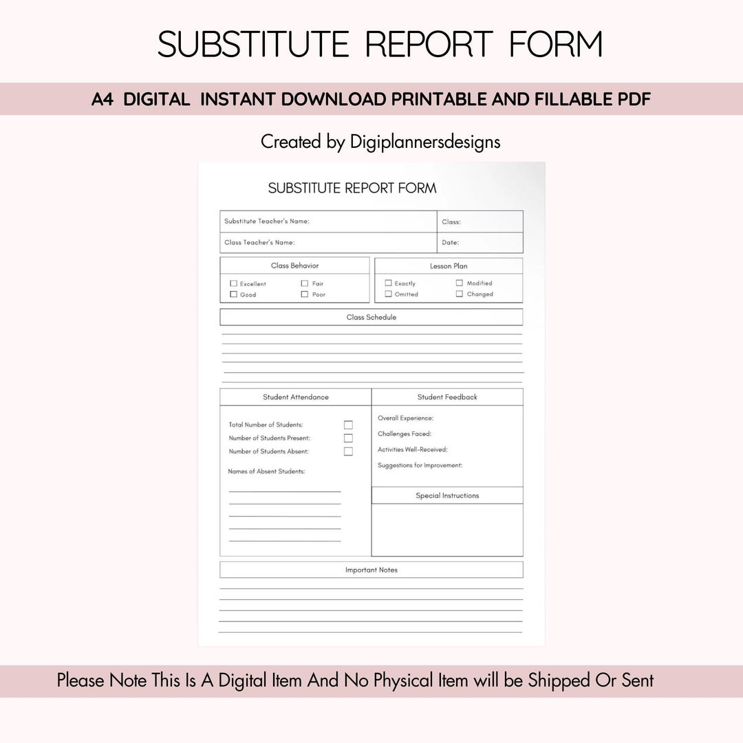 Subsitute Journal Examples Substitute Teacher Planner,classroom Lesson Planner,teacher Organizer ...