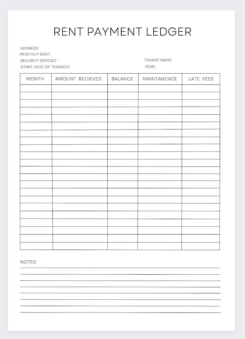 May include: A black and white printable rent payment ledger with columns for month, amount received, balance, maintenance, and late fees. The ledger also includes spaces for address, monthly rent, security deposit, start date of tenancy, tenant name, and year. There is also a section for notes.