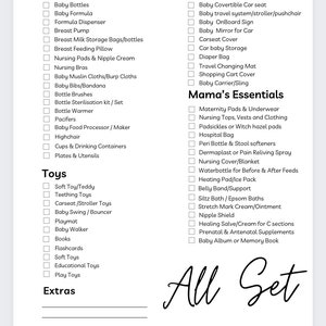 Puede incluir: Una lista de verificaci&oacute;n para nuevos padres con una lista de art&iacute;culos esenciales para la alimentaci&oacute;n, los viajes, los juguetes y los elementos esenciales de mam&aacute;. La lista de verificaci&oacute;n se titula "Five Star Newborn Checklist complete" y tiene cinco estrellas rellenas.