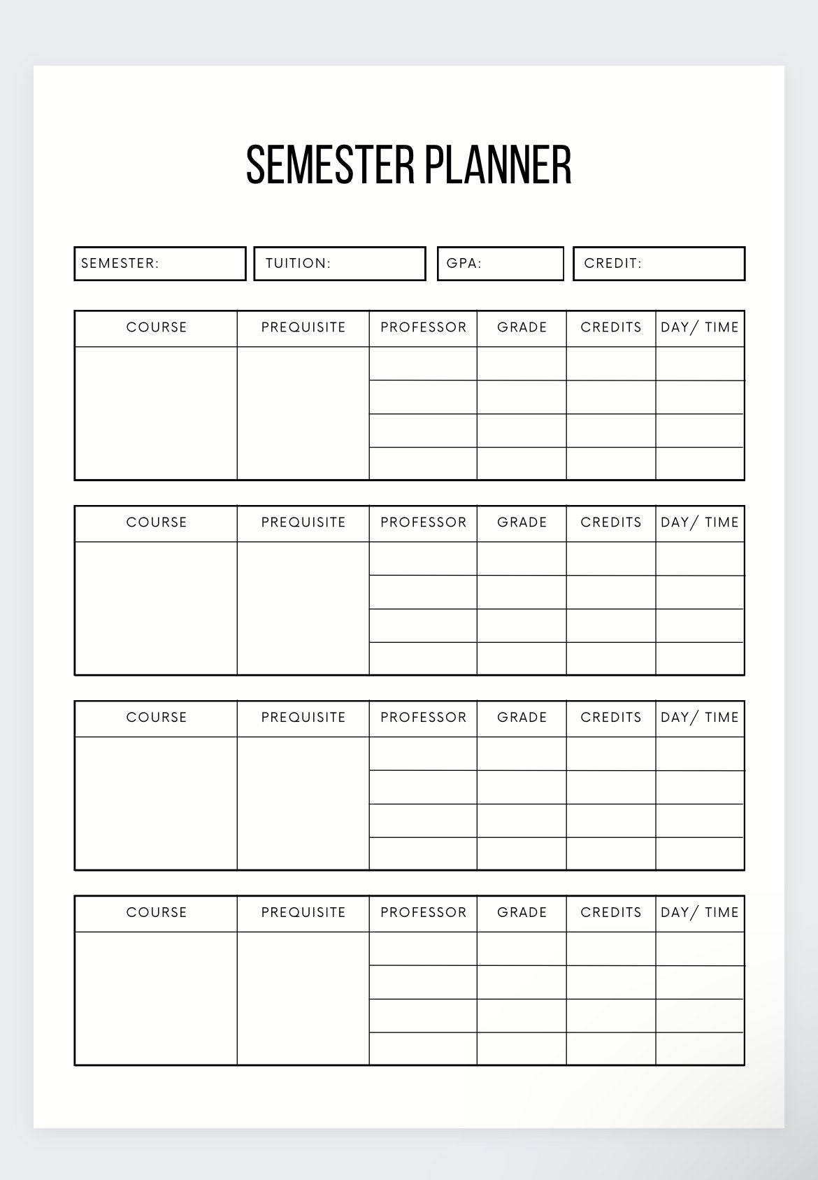 College Semester Week Schedule Printable
