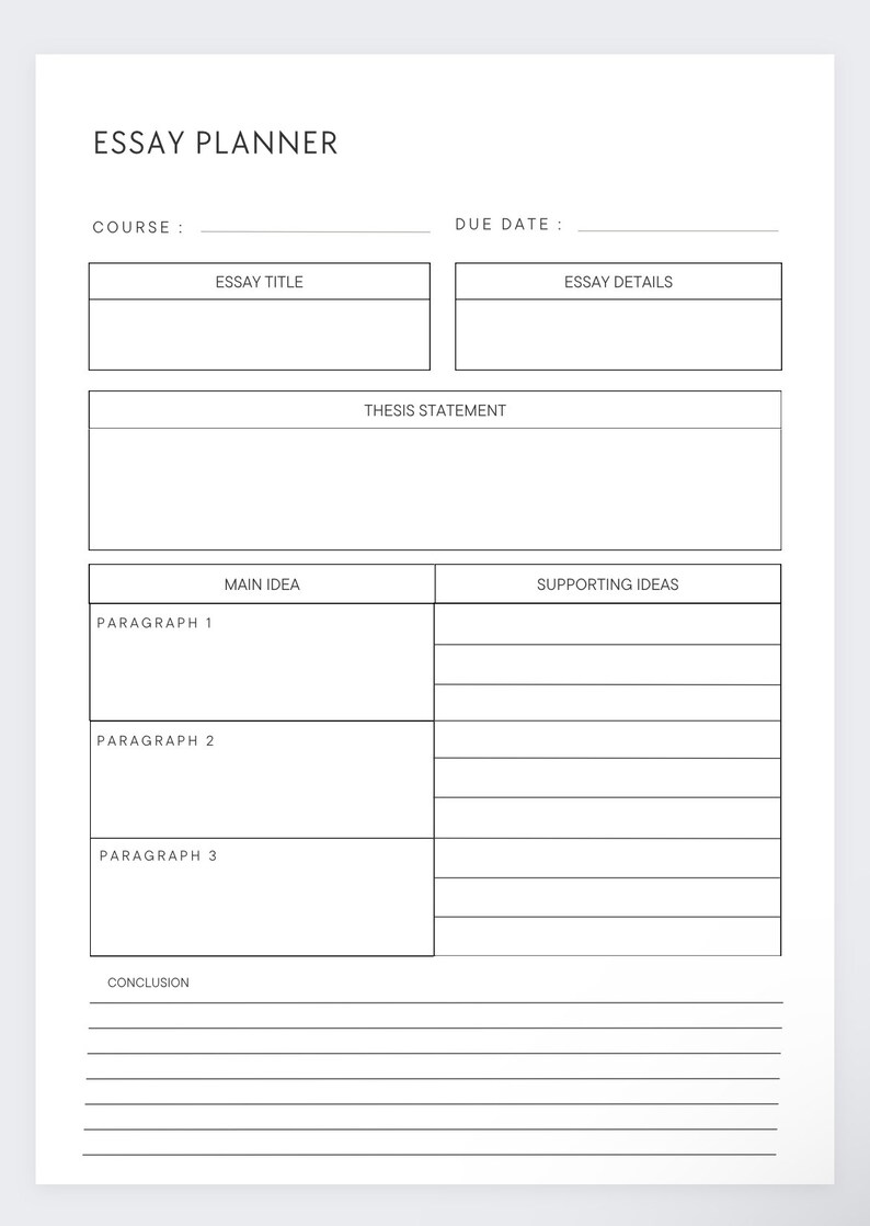 Pu&ograve; includere: Un pianificatore di saggi stampabile con sezioni per il corso, la data di scadenza, il titolo del saggio, i dettagli del saggio, l'enunciato della tesi, l'idea principale, le idee di supporto, il paragrafo 1, il paragrafo 2, il paragrafo 3 e la conclusione.