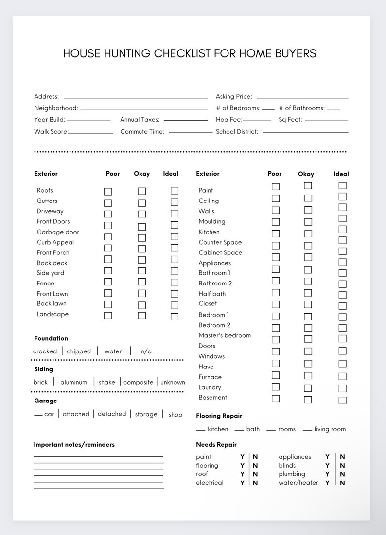 House Hunting Checklist, Home Buying Planner, Real Estate Checklist ...