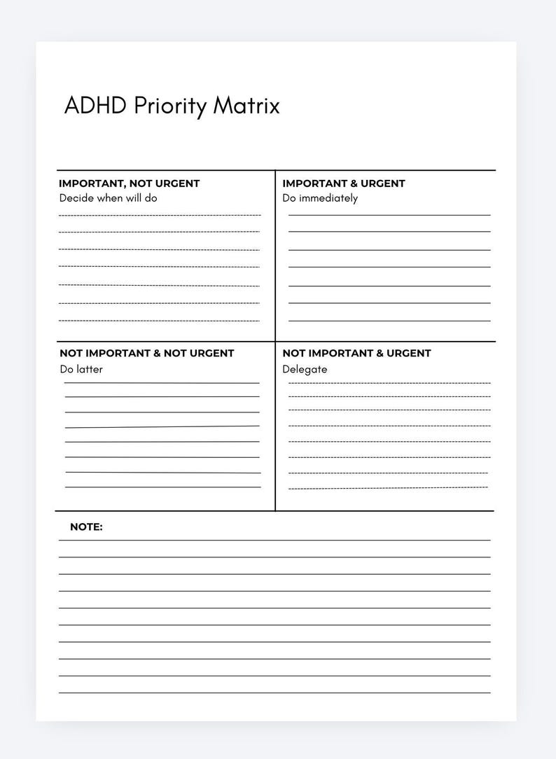 ADHD Priority Matrix,prioritization Planner,urgent Important Matrix ...