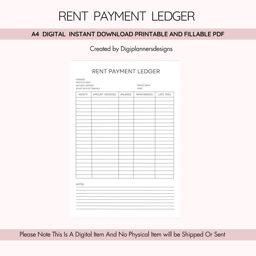Rent Payment Ledger, Rent Tracker, Monthly Rent Log, Rental Payment ...