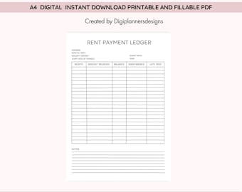 Rent Payment Ledger, Rent Tracker, Monthly Rent Log, Rental Payment Planner, Tenant Payment Record, Landlord Finance Organizer, Rent Notes