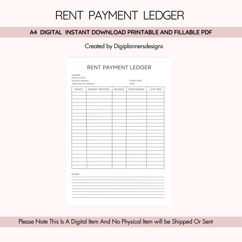 Rent Payment Ledger, Rent Tracker, Monthly Rent Log, Rental Payment Planner, Tenant Payment Record, Landlord Finance Organizer, Rent Notes image 1