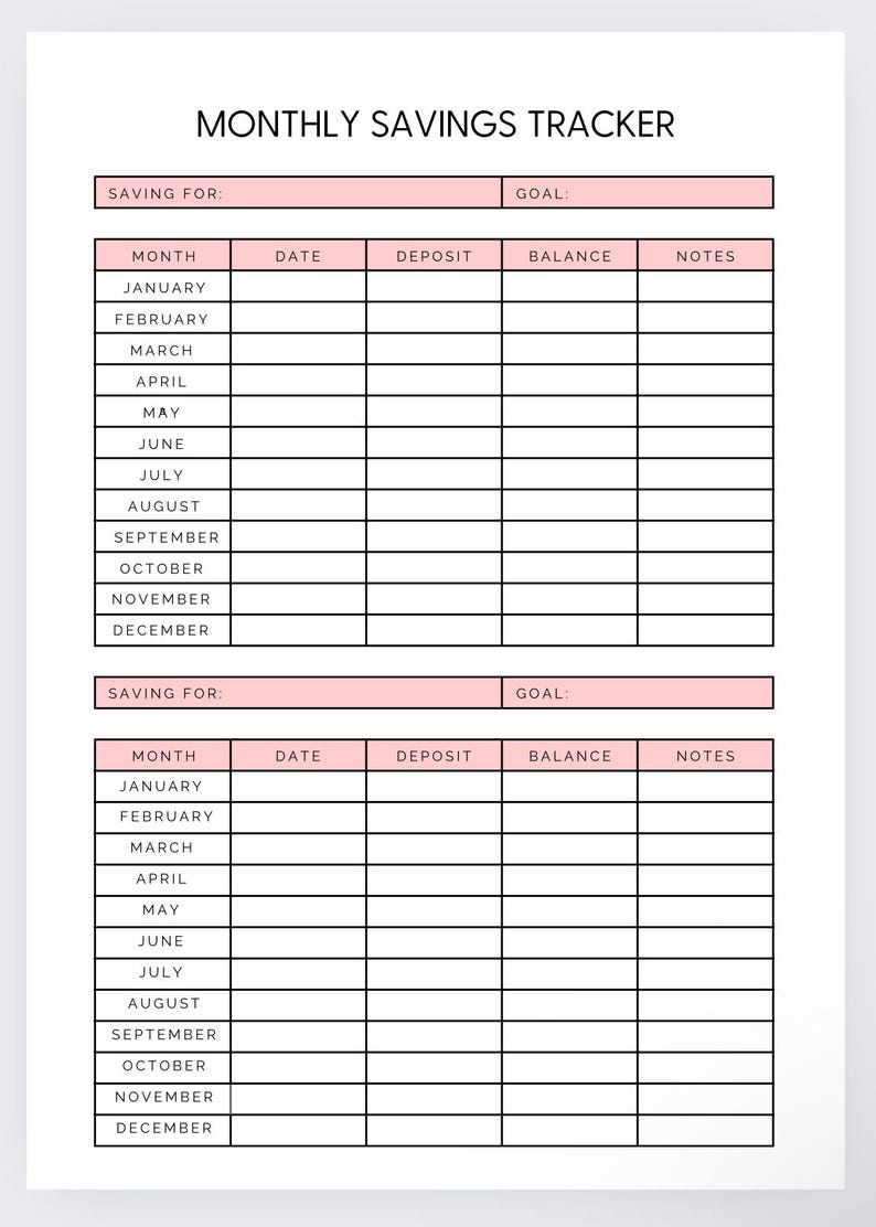 May include: A printable monthly savings tracker with two sections for tracking savings goals. Each section has columns for month, date, deposit, balance, and notes.