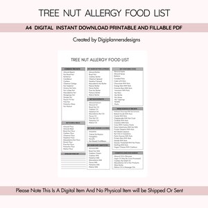 Grey Nut Allergy Sheet, Tree Nut Allergy Food List Printable, Nut Allergy Sheet, Allergy Safe Guide,Allergen List, Allergy Cheat Sheet