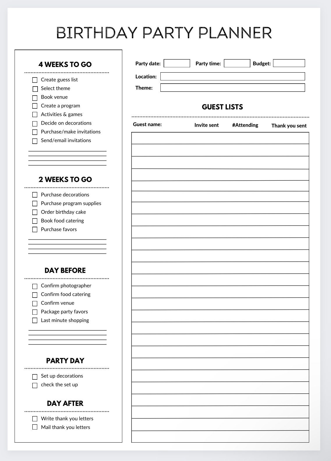 Birthday Planner,party Planner,event Organizer, Event Planning,party Checklist,guest List