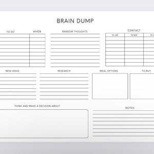 Puede incluir: Un planificador de descarga cerebral imprimible con secciones para hacer, cu&aacute;ndo, pensamientos aleatorios, contacto, nuevas ideas, investigaci&oacute;n, opciones de comida, para comprar, pensar y tomar una decisi&oacute;n sobre, y notas.