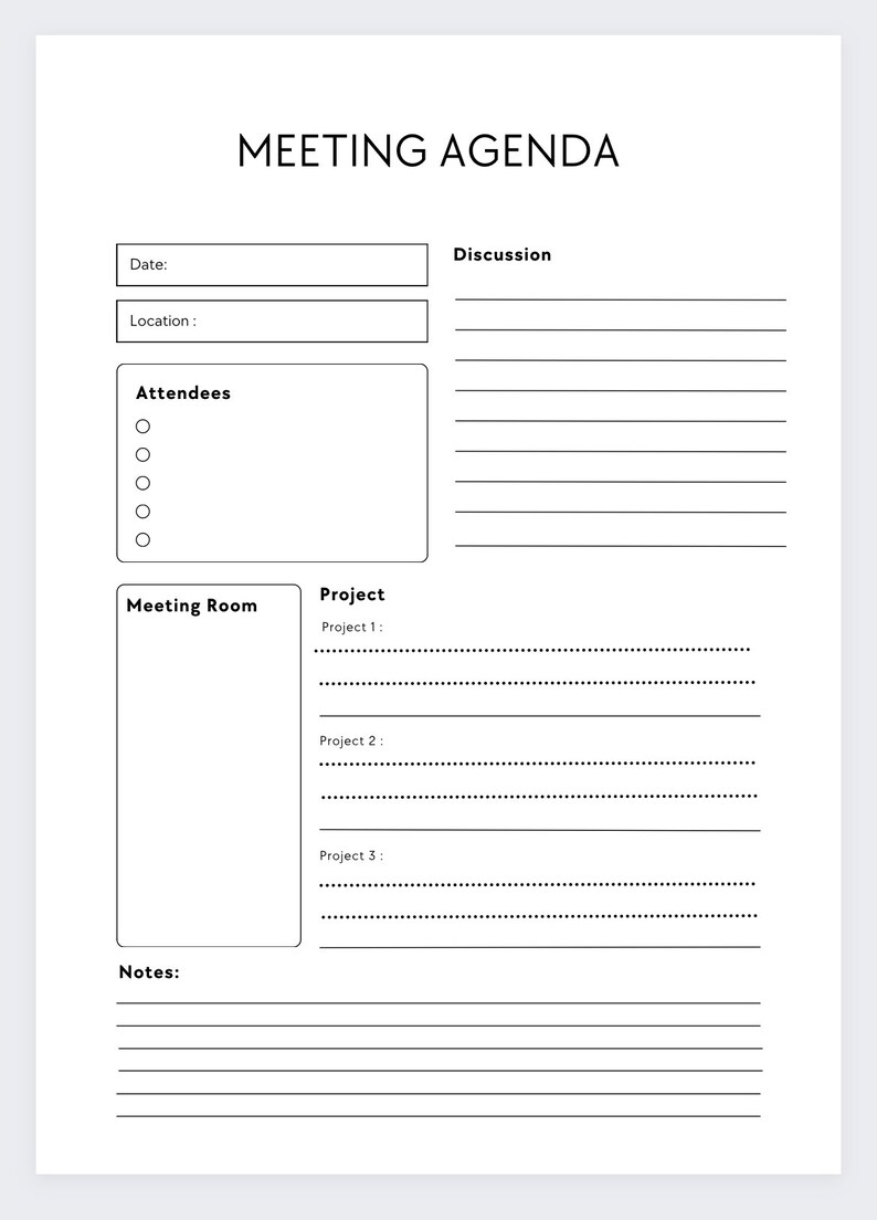 Pu&ograve; includere: Un modello di agenda di riunione in bianco e nero con sezioni per data, luogo, partecipanti, sala riunioni, progetto e discussione. Il modello ha righe vuote per riempire i dettagli.
