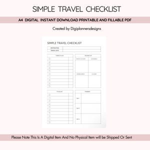 Lista di controllo per viaggi semplici, pianificatore di viaggio essenziale, lista di cose da mettere in valigia, pianificatore di viaggio, pianificatore di vacanze, pianificatore di vacanze, diario di viaggio, programma di viaggio immagine 1
