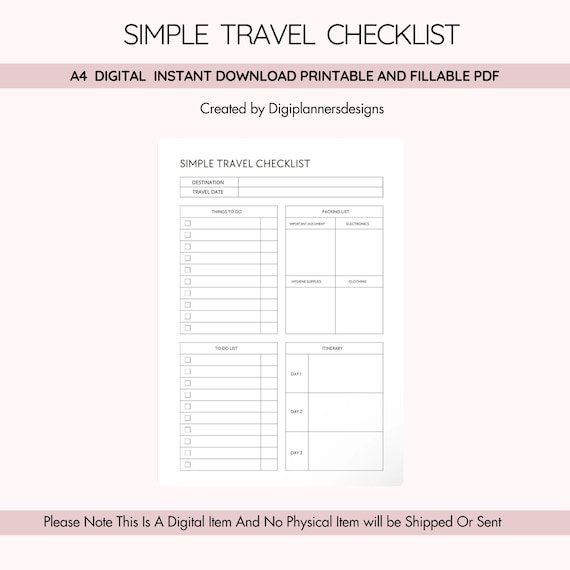 Simple Travel Checklist,Essential Travel Planner,Packing List,Travel Planner,Vacation Planner,Holiday Planner,Travel log,Travel schedule