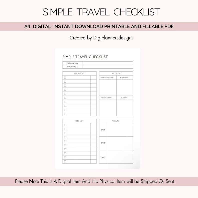 Lista di controllo per viaggi semplici, pianificatore di viaggio essenziale, lista di cose da mettere in valigia, pianificatore di viaggio, pianificatore di vacanze, pianificatore di vacanze, diario di viaggio, programma di viaggio immagine 1