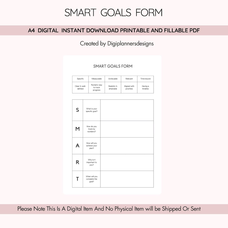 SMART Goals Form, Goal Setting Worksheet, Goal Planning Form ...