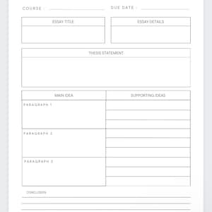 Pu&ograve; includere: Un pianificatore di saggi stampabile con sezioni per il corso, il titolo del saggio, la data di scadenza, i dettagli del saggio, l'enunciato della tesi, l'idea principale, le idee di supporto, il paragrafo 1, il paragrafo 2, il paragrafo 3 e la conclusione.