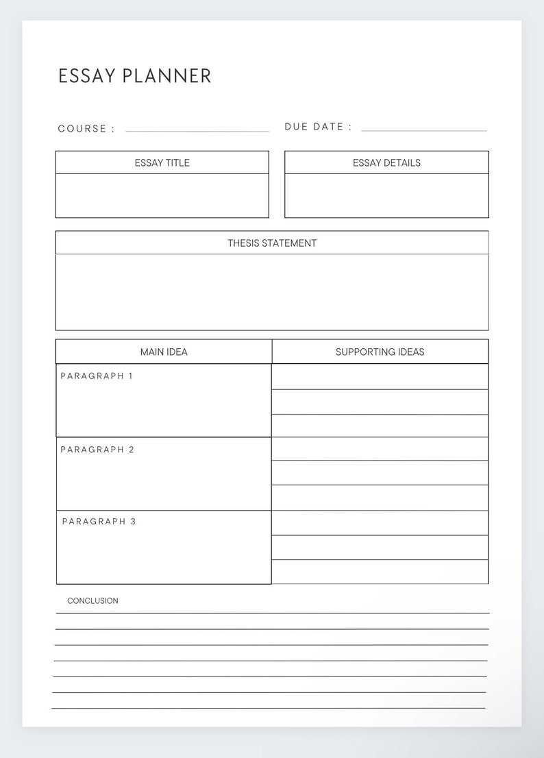 Pu&ograve; includere: Un pianificatore di saggi stampabile con sezioni per il corso, il titolo del saggio, la data di scadenza, i dettagli del saggio, l'enunciato della tesi, l'idea principale, le idee di supporto, il paragrafo 1, il paragrafo 2, il paragrafo 3 e la conclusione.