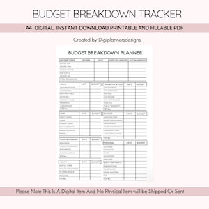 Budget breakdown tracker, printable planner with sections for expenses income and savings