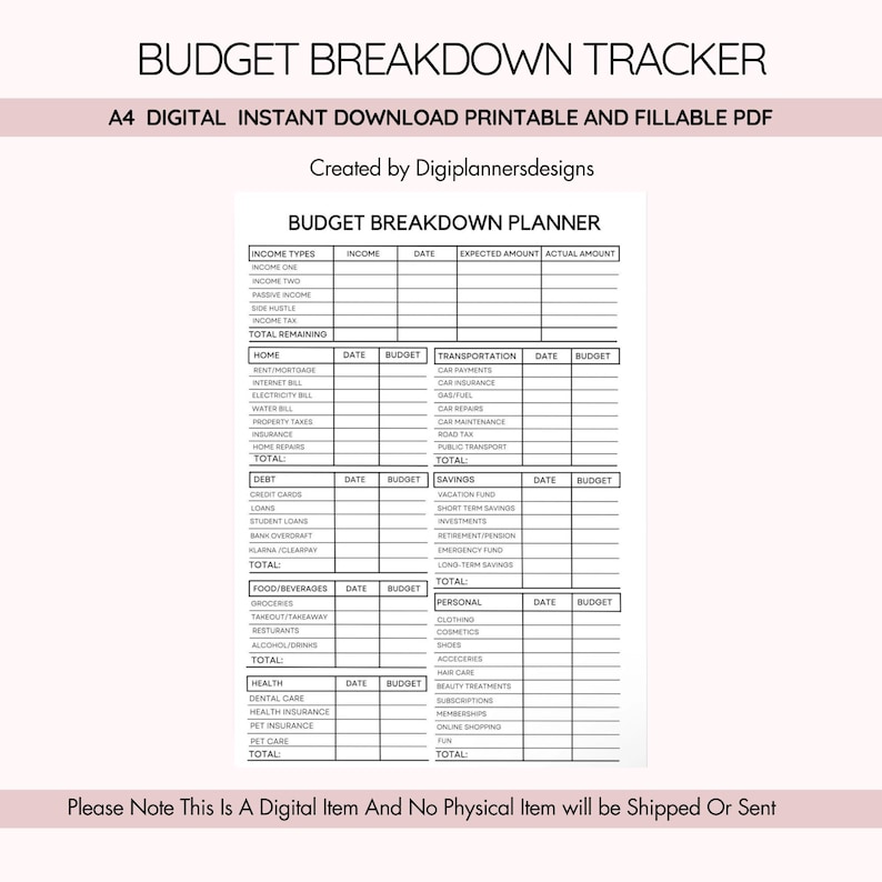 Budget breakdown tracker, printable planner with sections for expenses income and savings