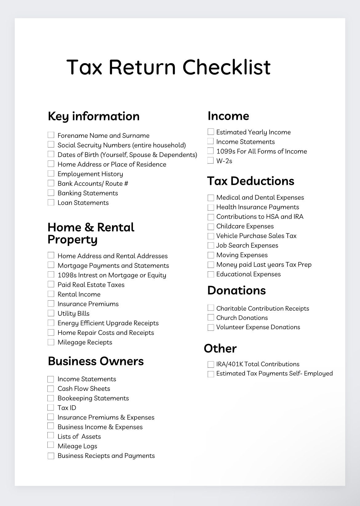 Tax Return Checklist,tax Prep,tax Deductions,tax Prep Checklist,tax Log