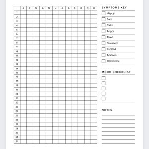 May include: A black and white printable mood tracker with a grid for each day of the month. The tracker includes a section for symptoms key and mood checklist. The text "MOOD TRACKER" is at the top of the page.