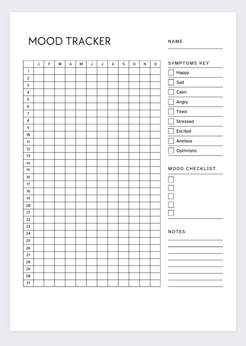May include: A black and white printable mood tracker with a grid for each day of the month. The tracker includes a section for symptoms key and mood checklist. The text "MOOD TRACKER" is at the top of the page.