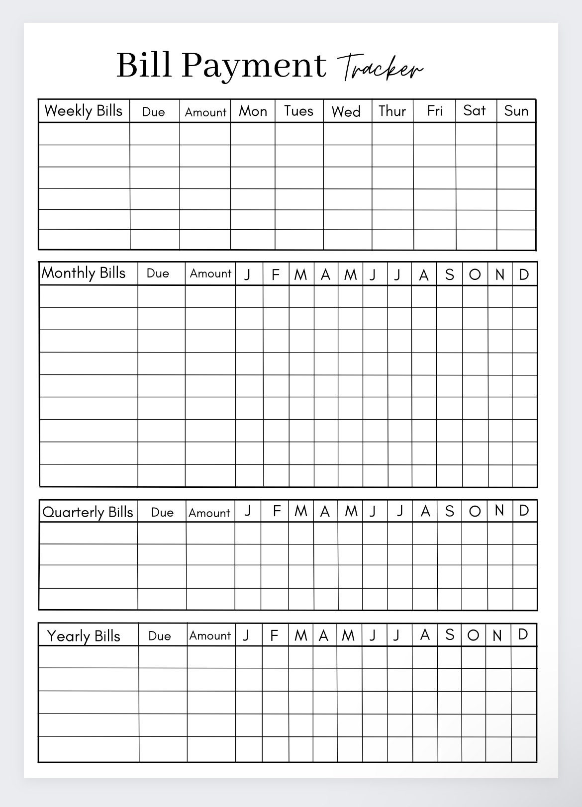 Monthly Bill Tracker Printable Digital Bill Organizer Bill Payment Budget  Planner 