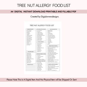 Plain Nut Allergy Sheet, Tree Nut Allergy Food List Printable, Nut Allergy Sheet, Allergy Safe Guide,Allergen List, Allergy Cheat Sheet