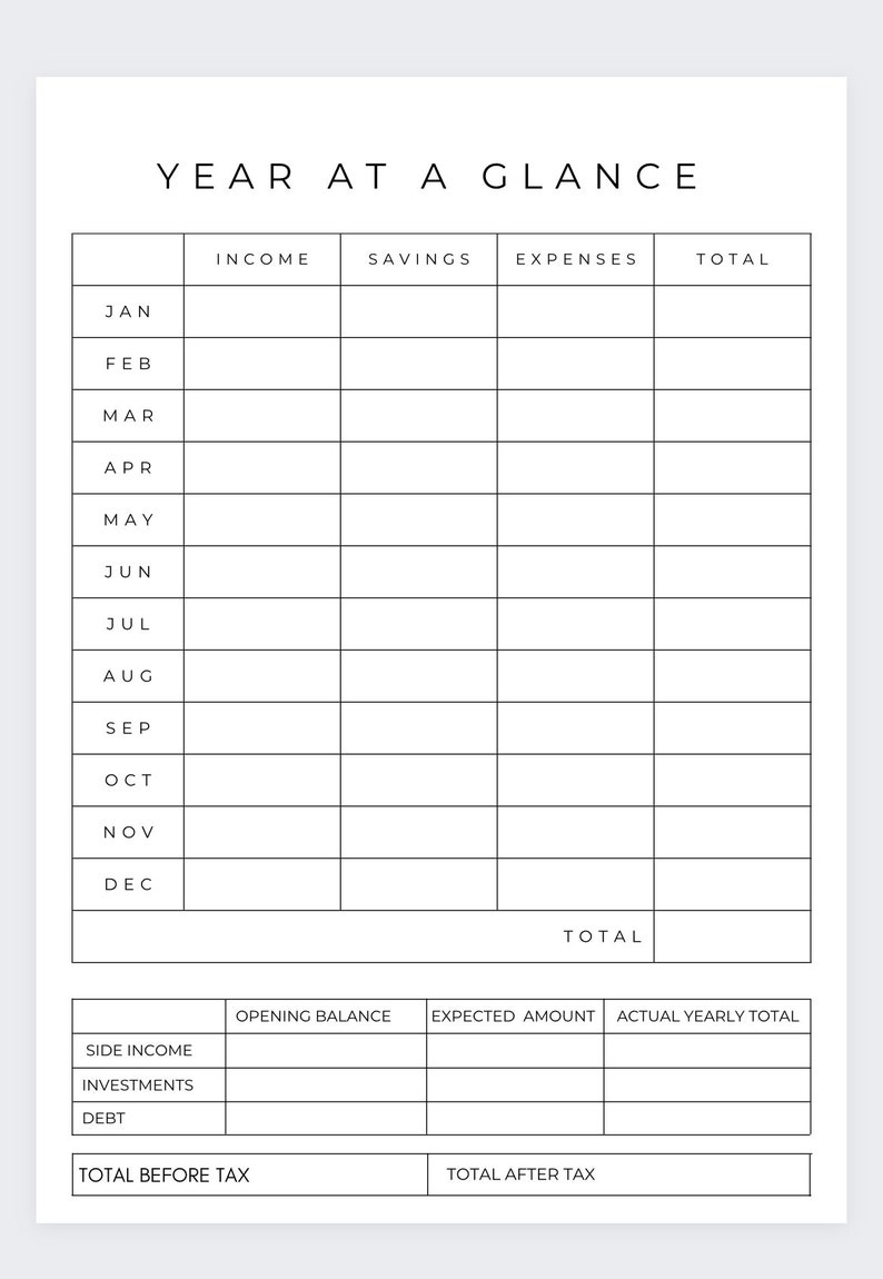 May include: A printable year-at-a-glance budget planner with sections for income, savings, expenses, and totals. It includes a monthly breakdown from January to December, as well as sections for side income, investments, debt, total before tax, and total after tax.