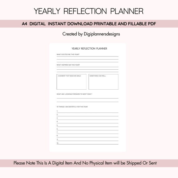 Yearly Reflection Planner, Annual Review Journal, Personal Growth Tracker, Goal Reflection Planner, Self Reflection Log, Life Planning Tool