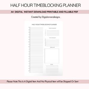 Half Hour Time Blocking Planner, Time Block Planner, Daily Schedule Planner, Productivity Planner, Focus Planner, Time Management Log, Study