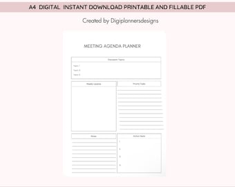 Meeting Agenda Planner, Meeting Planner, Meeting Minutes, Meeting Tracking Printable PDF, Team Meeting Organizer, Work Schedule Sheet