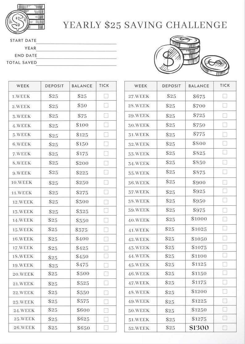 25 Dollar Every Weekmoney Challenge 52 Week Money Challenge Etsy