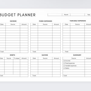 May include: A printable budget planner worksheet with sections for income, fixed expenses, variable expenses, debts, savings, and a summary. The worksheet includes columns for date, source, amount, and total.