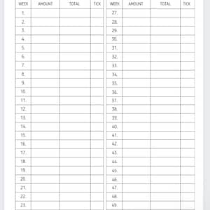 Op de afbeelding: Een zwart-witte printbare 52-weekse spaaruitdagingstabel. De tabel is verdeeld in twee kolommen, elk met 26 rijen. Elke rij heeft een weeknummer, bedrag, totaal en vinkvakje.