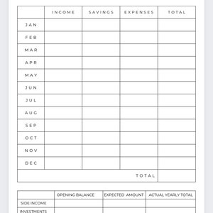 May include: A black and white printable budget tracker with the title "Year at a Glance". The tracker includes sections for income, savings, expenses, and total for each month of the year. It also includes sections for side income, investments, debt, total before tax, and total after tax.