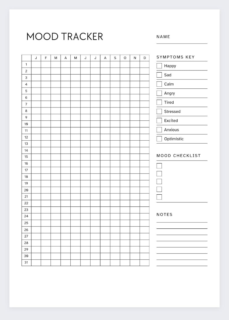 May include: A black and white printable mood tracker with a grid for each day of the month. The tracker includes a section for symptoms key and mood checklist.