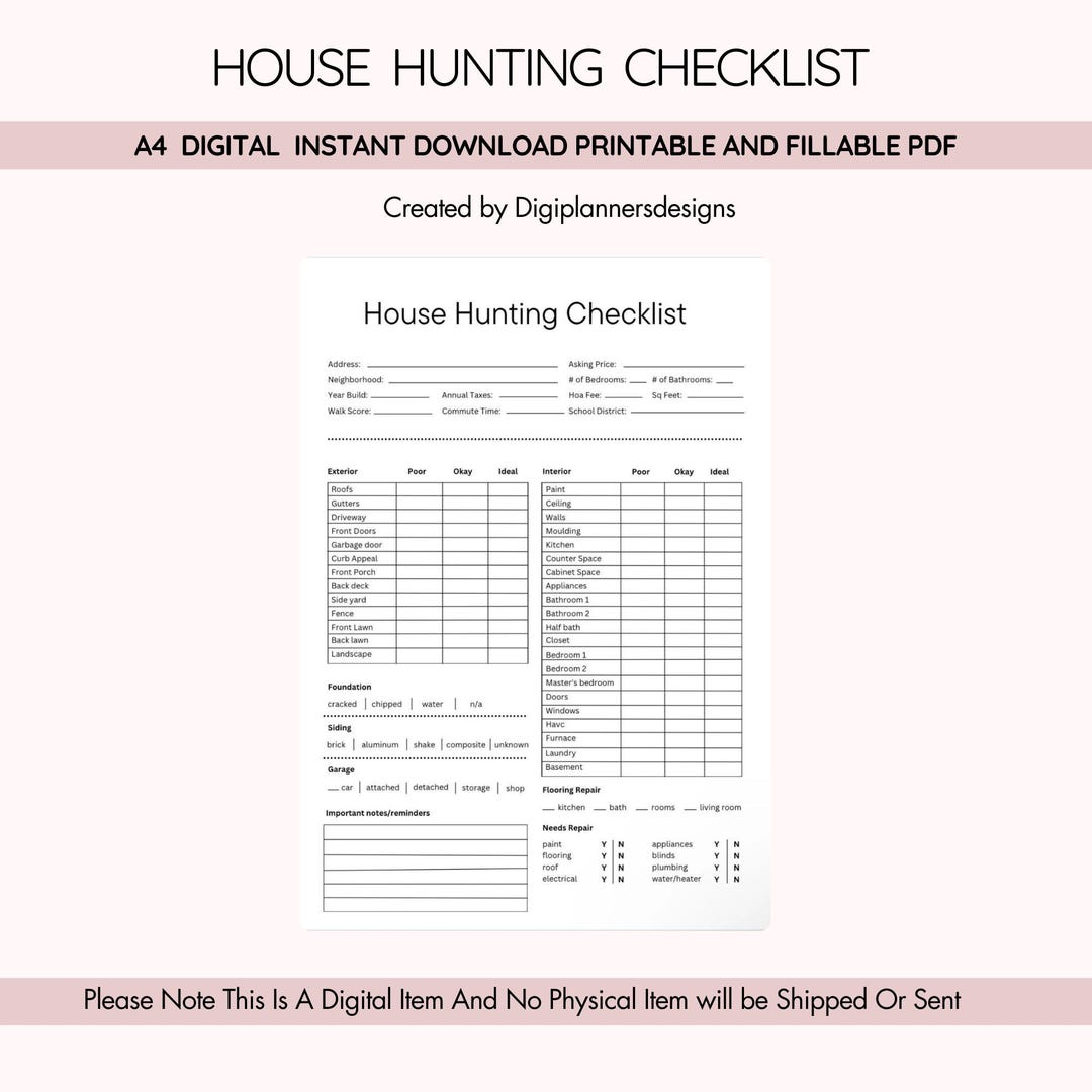 House Hunting Checklist, Home Buying Planner, Real Estate Search Guide ...