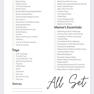 Puede incluir: Una lista de verificaci&oacute;n para nuevos padres con una lista de art&iacute;culos esenciales para la alimentaci&oacute;n, los viajes, los juguetes y los elementos esenciales de mam&aacute;. La lista de verificaci&oacute;n se titula "Five Star Newborn Checklist complete" y tiene cinco estrellas rellenas.
