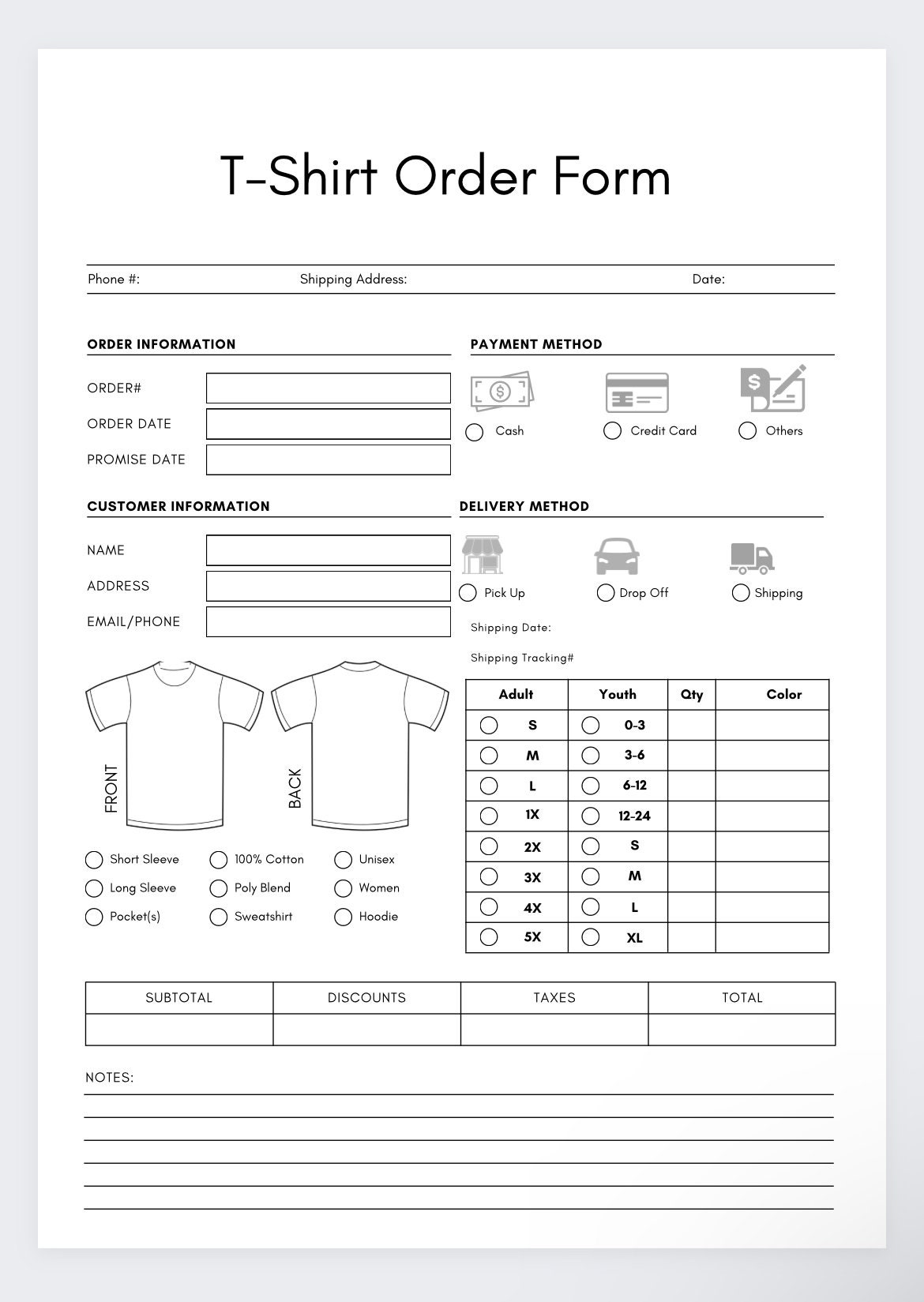 Tshirt Order Form,small Business Form,order Form,business Planner,order