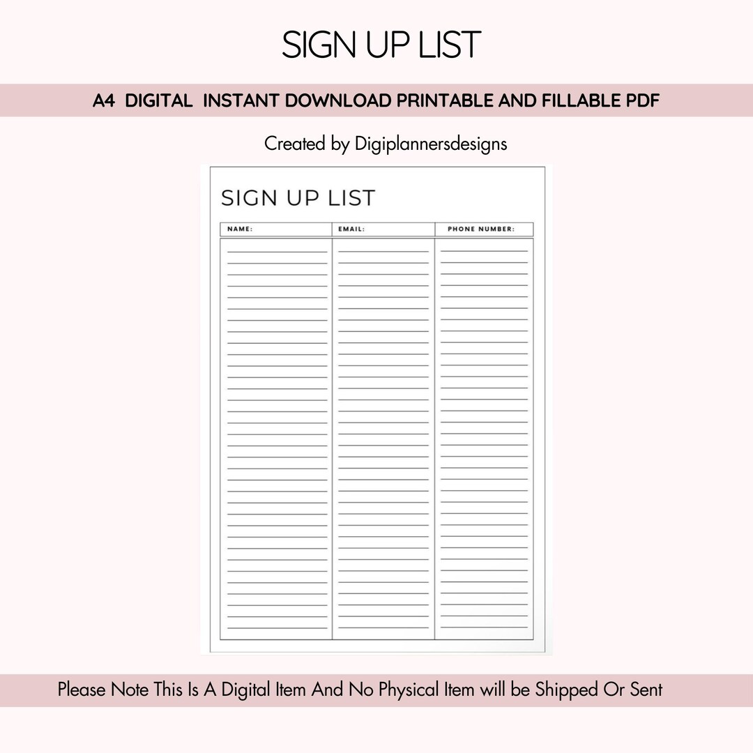 Sign up List, Signup Sheet, Registration Sheet, Attendance Log, Contact ...