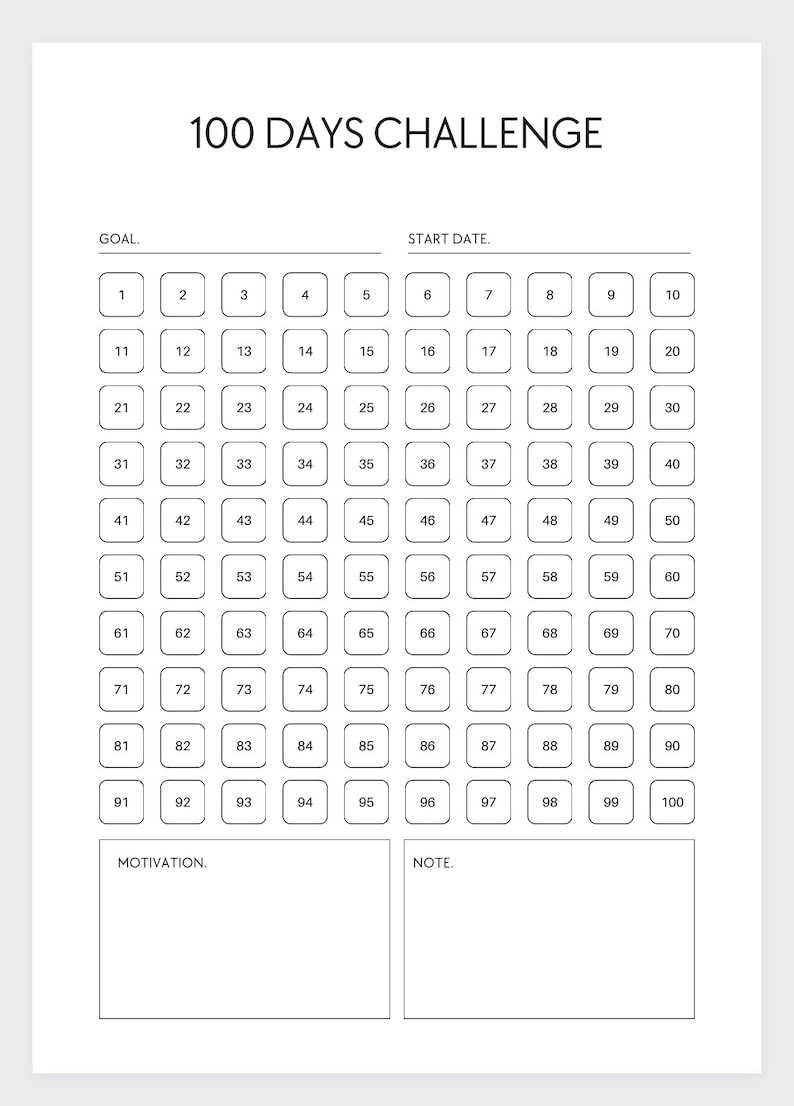 100 Days Goal Printable