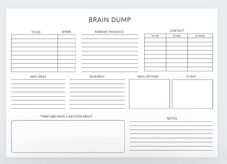 Puede incluir: Un planificador de descarga cerebral imprimible con secciones para hacer, cu&aacute;ndo, pensamientos aleatorios, contacto, nuevas ideas, investigaci&oacute;n, opciones de comida, para comprar, pensar y tomar una decisi&oacute;n, y notas.