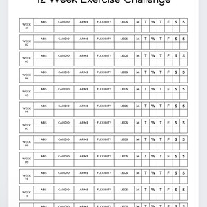 Puede incluir: Un gr&aacute;fico en blanco y negro del Desaf&iacute;o de Ejercicio de 12 Semanas. El gr&aacute;fico se divide en 12 semanas, con secciones para abdominales, cardio, brazos, flexibilidad y piernas. Cada semana tiene un espacio para marcar los d&iacute;as.