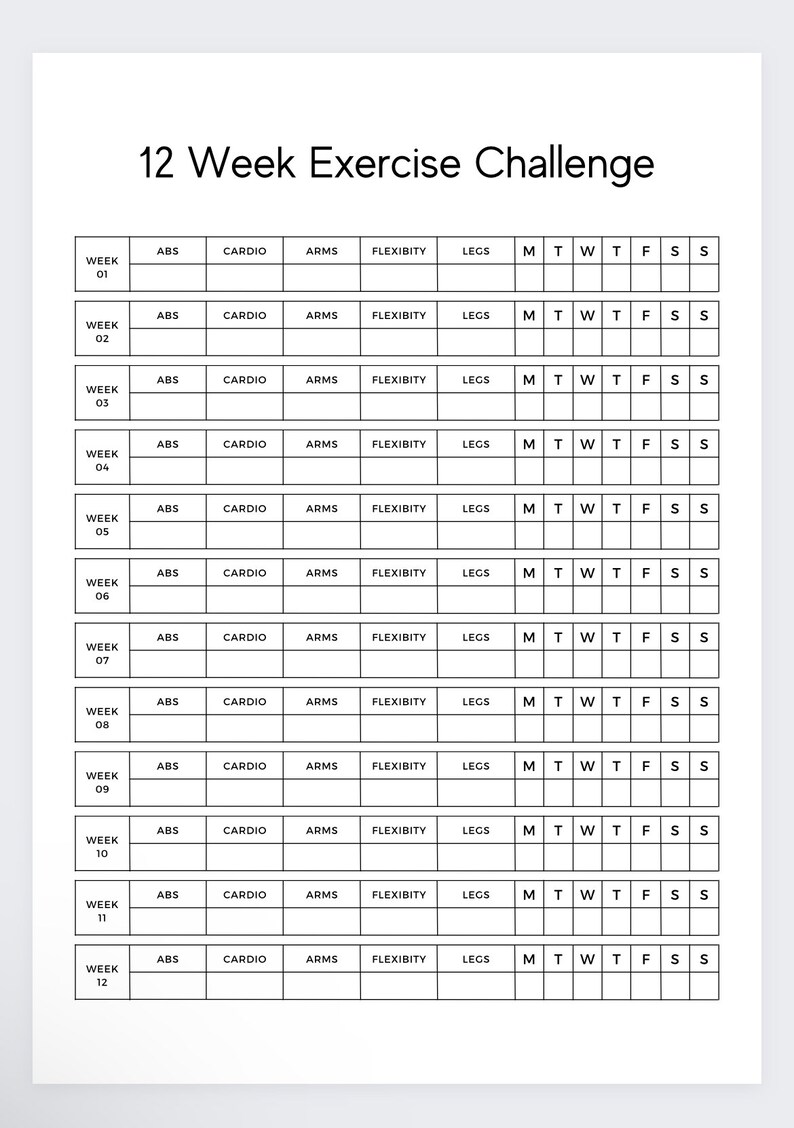 Puede incluir: Un gr&aacute;fico en blanco y negro del Desaf&iacute;o de Ejercicio de 12 Semanas. El gr&aacute;fico se divide en 12 semanas, con secciones para abdominales, cardio, brazos, flexibilidad y piernas. Cada semana tiene un espacio para marcar los d&iacute;as.