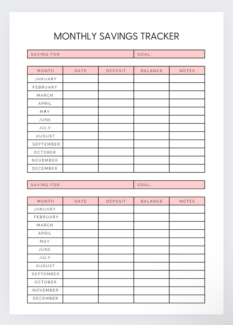 May include: A printable monthly savings tracker with two sections for tracking savings goals. Each section has columns for month, date, deposit, balance, and notes.